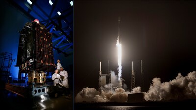 From its clean room at Lockheed Martin in Colorado (left) to its launch pad at Cape Canaveral Space Force Station, GPS III SV07’s journey to space is seen here. Credit: Lockheed Martin.