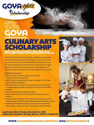 <div>GOYA FOODS OFFERS ,000 CULINARY ARTS & FOOD SCIENCE SCHOLARSHIPS TO STUDENTS NATIONWIDE</div>