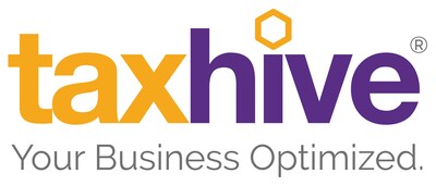 Tax Hive logo with bold, modern typography, a hexagonal design element, and the subheading 'Your Business Optimized' symbolizing efficiency and structure.