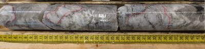 Figure 3 – Photo of drill core from PWM-24-248 displaying 8.5 meters of pollucite, spodumene, and tantalite mineralization from West Joe at the Company’s Case Lake Property, Ontario, Canada (CNW Group/Power Metals Corp.)