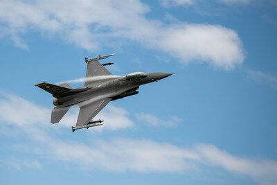 A U.S. Air Force F-16 Fighting Falcon aircraft, assigned to the 122nd Fighter Wing, performs a sortie above the 122nd Fighter Wing in Fort Wayne, Indiana, May 3, 2024. The F-16, originally from Holloman Air Force Base, executed a routine flying pattern for training. (U.S. Air National Guard photo by Airman 1st Class Halley Clark)