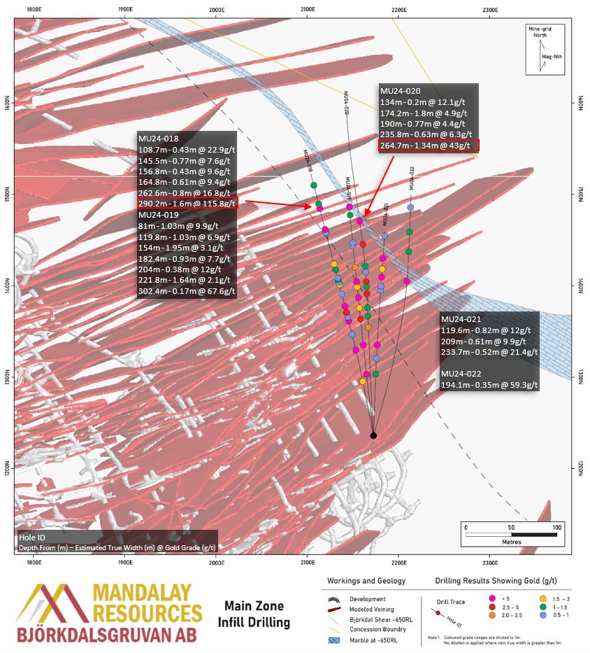 Figure 4. Plan section of the Main Zone infill drilling. Intercepts above 0.5 g/t Au when diluted to 1 m are denoted by dots. Drillholes are annotated with composites over 2.0 g/t Au when diluted to 1 m. (CNW Group/Mandalay Resources Corporation) Figure 4. Plan section of the Main Zone infill drilling. Intercepts above 0.5 g/t Au when diluted to 1 m are denoted by dots. Drillholes are annotated with composites over 2.0 g/t Au when diluted to 1 m. (CNW Group/Mandalay Resources Corporation)