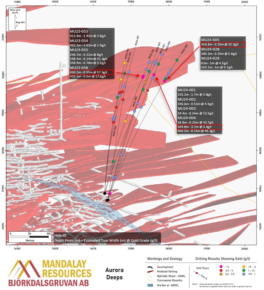 Figure 6. Plan section of the Aurora Deeps Extension drilling. Intercepts above 0.5 g/t Au when diluted to 1 m are denoted by dots. Drillholes are annotated with composites over 2.0 g/t Au when diluted to 1 m. (CNW Group/Mandalay Resources Corporation) Figure 6. Plan section of the Aurora Deeps Extension drilling. Intercepts above 0.5 g/t Au when diluted to 1 m are denoted by dots. Drillholes are annotated with composites over 2.0 g/t Au when diluted to 1 m. (CNW Group/Mandalay Resources Corporation)