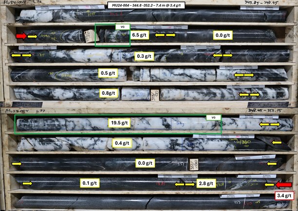 Figure 7. Photograph of core from MU24-004 (3.4 g/t gold over 7.40 m (ETW 3.70 m). (CNW Group/Mandalay Resources Corporation) Figure 7. Photograph of core from MU24-004 (3.4 g/t gold over 7.40 m (ETW 3.70 m). (CNW Group/Mandalay Resources Corporation)