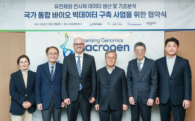 (Dari kiri-ke-kanan) Sooyeon Oh, CEO, CG Invites; Soonmyung Paik, CEO, Theragen Bio; Robert McBride, General Manager, Illumina Korea; Jeong-Sun Seo, Chairman, Macrogen Inc; Changhoon Kim, CEO, Macrogen Inc; serta, CheolKu Shim, CEO, DNAlink.