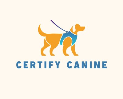 An orange color dog image with a blue vest is the logo for Certify Canine