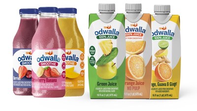 The new Odwalla® line will include three signature smoothies: Mango, Strawberry-Banana, and Berries. And three 100% juice options: A blend of Orange, Guava, and Ginger; a Green Juice made with pineapple, apple, and nopal (tender cactus); and a not-from-concentrate Orange Juice. These products will be available in 13.9 fluid-ounce glass bottles and 16 and 32.4 fluid-ounce Tetra Prisma® cartons.