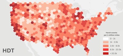 Harsh events per million miles driven for heavy-duty trucks across the United States from January 2024 - November 2024. (CNW Group/Altitude by Geotab)