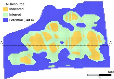 Figure 3 – Plan View of the Reid Block Model, Resource Category and Nickel Grade (Potential = Exploration Target). (CNW Group/Canada Nickel Company Inc.)