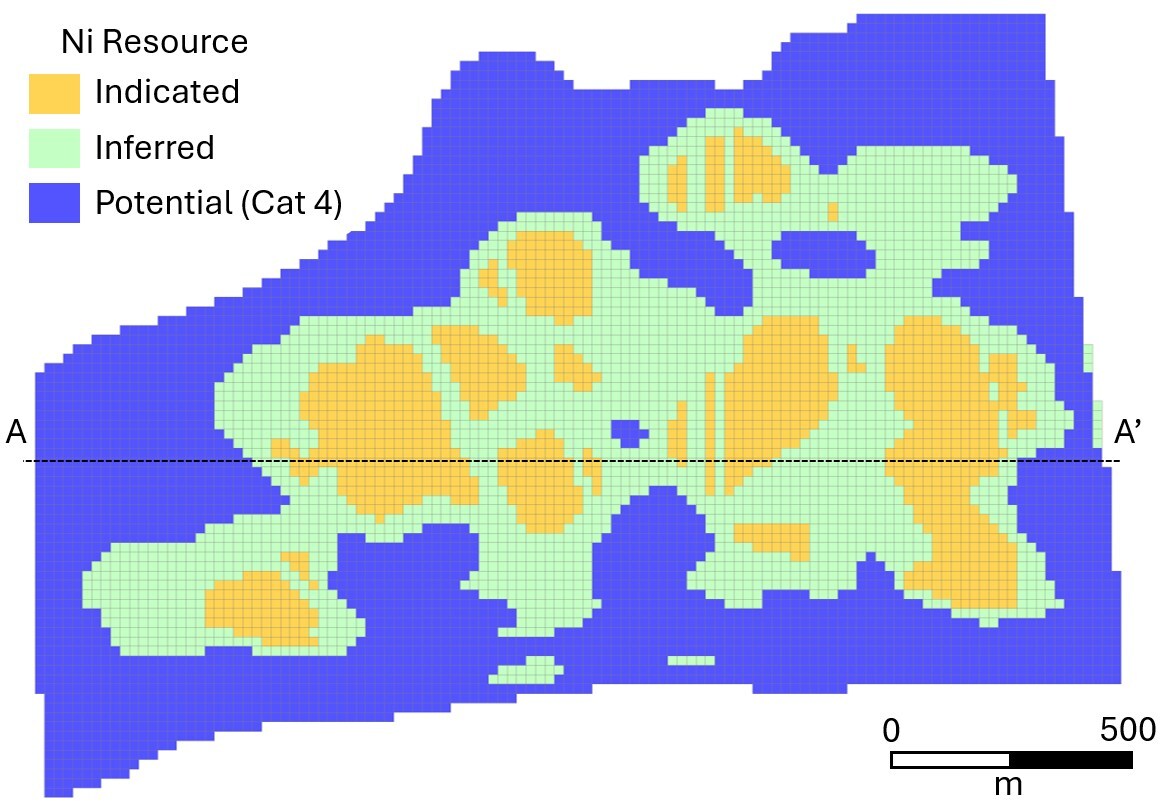 Figure 3 – Plan View of the Reid Block Model, Resource Category and Nickel Grade (Potential = Exploration Target). (CNW Group/Canada Nickel Company Inc.)