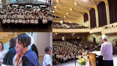 Escoffier recognized a record number of graduates at 2024 commencement events in Boulder and Austin (above). Escoffier’s Chef-in-Residence Kristen Kish (seen here with student) delivered the commencement address for graduates at the Boulder campus and for the online ceremony.