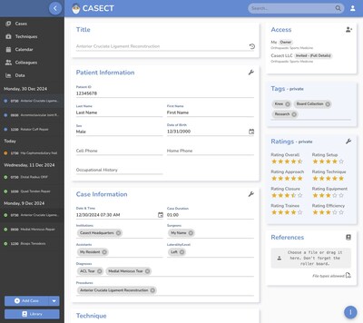 Screenshot of the Casect platform showcasing powerful features, including customizable fields for patient and case information, tags, case notes, ratings, and techniques. Users can upload and annotate intraoperative photos, videos, and documents, add references like journal articles, redact document portions, and share cases with colleagues. Additional tools include generating operative reports, filtering and sorting cases, and exporting cases in PDF or CSV format.