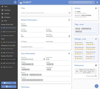 Screenshot of the Casect platform showcasing powerful features, including customizable fields for patient and case information, tags, case notes, ratings, and techniques. Users can upload and annotate intraoperative photos, videos, and documents, add references like journal articles, redact document portions, and share cases with colleagues. Additional tools include generating operative reports, filtering and sorting cases, and exporting cases in PDF or CSV format.