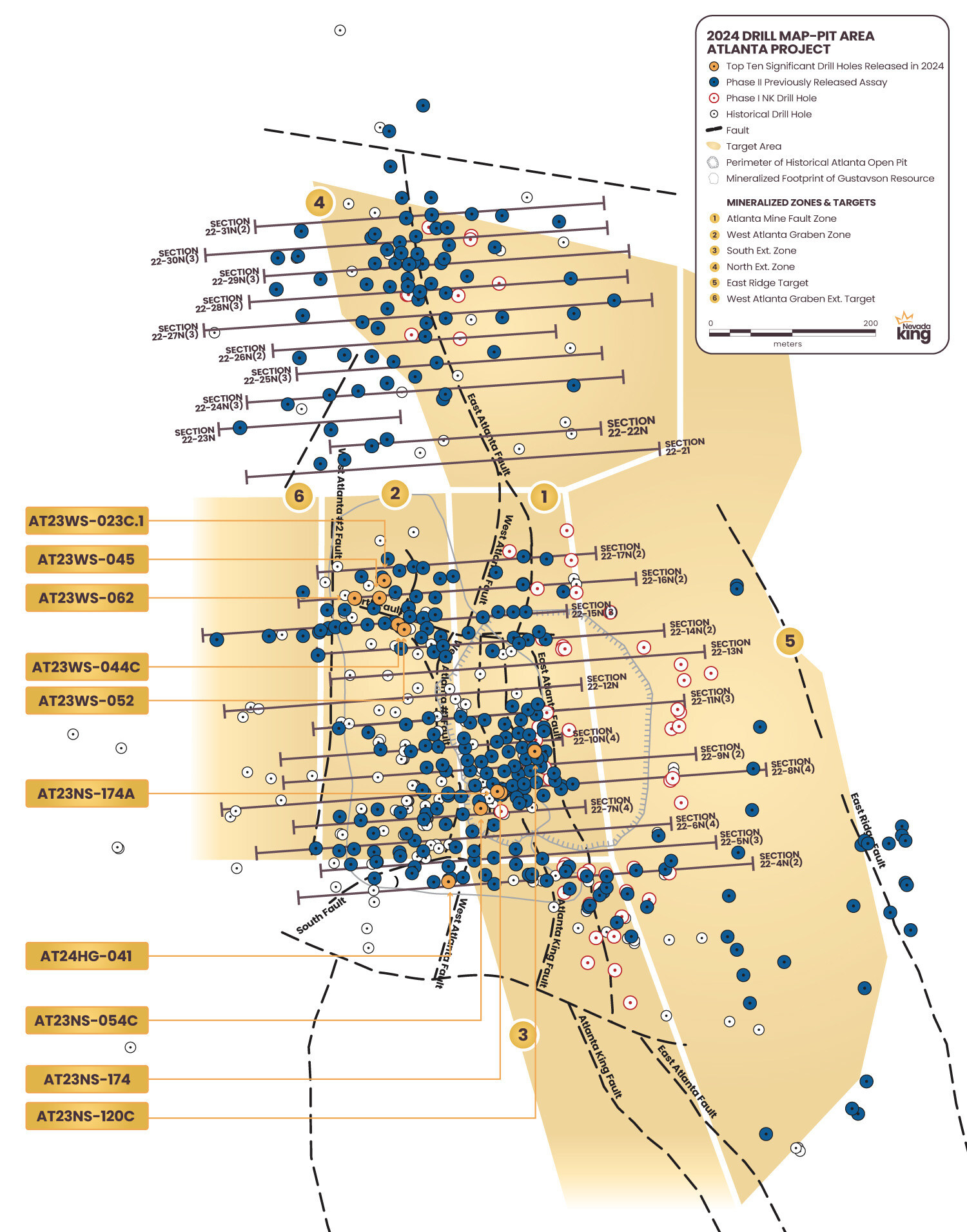 Figure 1. Areal distribution of holes reported to date by Nevada King within and around the 2020 Gustavson resource zone showing progression of drilling by phase. The top ten holes released in 2024 are highlighted. (CNW Group/Nevada King Gold Corp.) Figure 1. Areal distribution of holes reported to date by Nevada King within and around the 2020 Gustavson resource zone showing progression of drilling by phase. The top ten holes released in 2024 are highlighted. (CNW Group/Nevada King Gold Corp.)