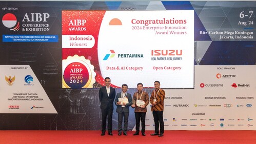 (From left to right): Irza Suprapto, AIBP; Sigit Pratopo, Pertamina; Yusak Kristian Solaeman, Isuzu Astra Motor Indonesia; and Chairul Saleh, Kemenko Perekonomian, Republik Indonesia at the 46th AIBP Conference & Exhibition in Indonesia. (PRNewsfoto/ASEAN Innovation Business Platform (AIBP))