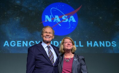 NASA Administrator Bill Nelson, and NASA Deputy Administrator Pam Melroy, react as they are recognized by employees during a NASA agencywide all hands on Dec. 6, 2024, at the NASA Headquarters Mary W. Jackson Building in Washington. Credit: NASA/Bill Ingalls