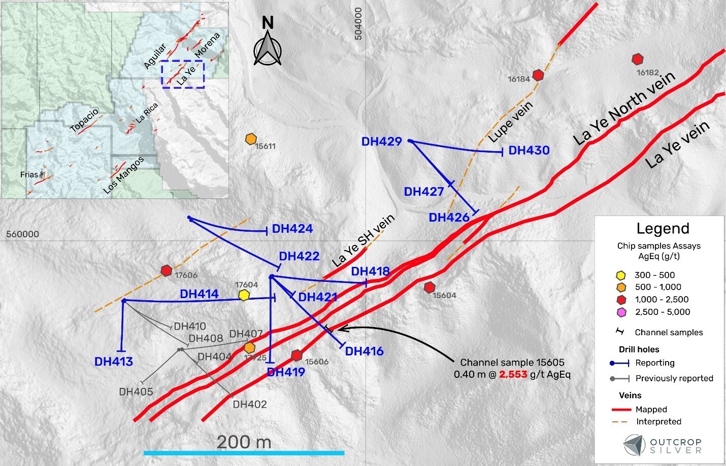 Figure 1. Plan view of La Ye vein target showing the drill holes reported in this release (Table 1), previous drilling, and samples previously reported (Table 2). For details on previous drill holes, see News Releases dated October 8, 2024 (https://outcropsilver.com/news/outcrop-silver-makes-a-discovery-at-la-ye-vein-in-santa-ana/) and November 19, 2024 (https://outcropsilver.com/news/outcrop-silver-continues-to-intercept-high-grade-silver-at-la-ye-discovery/). (CNW Group/Outcrop Silver & Gold Corporation) Figure 1. Plan view of La Ye vein target showing the drill holes reported in this release (Table 1), previous drilling, and samples previously reported (Table 2). For details on previous drill holes, see News Releases dated October 8, 2024 (https://outcropsilver.com/news/outcrop-silver-makes-a-discovery-at-la-ye-vein-in-santa-ana/) and November 19, 2024 (https://outcropsilver.com/news/outcrop-silver-continues-to-intercept-high-grade-silver-at-la-ye-discovery/). (CNW Group/Outcrop Silver & Gold Corporation)
