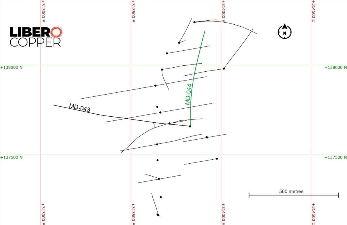 Figure 1. Plan view of the MD-044 hole and the location of the historical drilling at the Mocoa project. (CNW Group/Libero Copper & Gold Corporation) Figure 1. Plan view of the MD-044 hole and the location of the historical drilling at the Mocoa project. (CNW Group/Libero Copper & Gold Corporation)