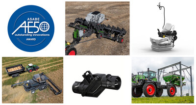 AGCO brands won five 2025 AE50 Awards, including (clockwise from top-middle) Fendt’s Momentum 30-Foot Planter and ErgoSteer retrofittable steering joystick, AGCO Part’s Application Lift System, Precision Planting’s ReconBlockage sensor and PTx Trimble’s OutRun autonomous grain cart solution. ASABE’s AE50 Awards are presented annually to new products and solutions that achieve innovation and engineering excellence.