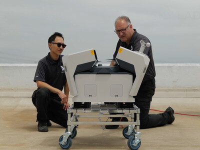 Flying Lion VP, Steven Katz, and Los Angeles Area Manager, Hiroyuki Murakami, coordinate installation of a drone-in-a-box solution.