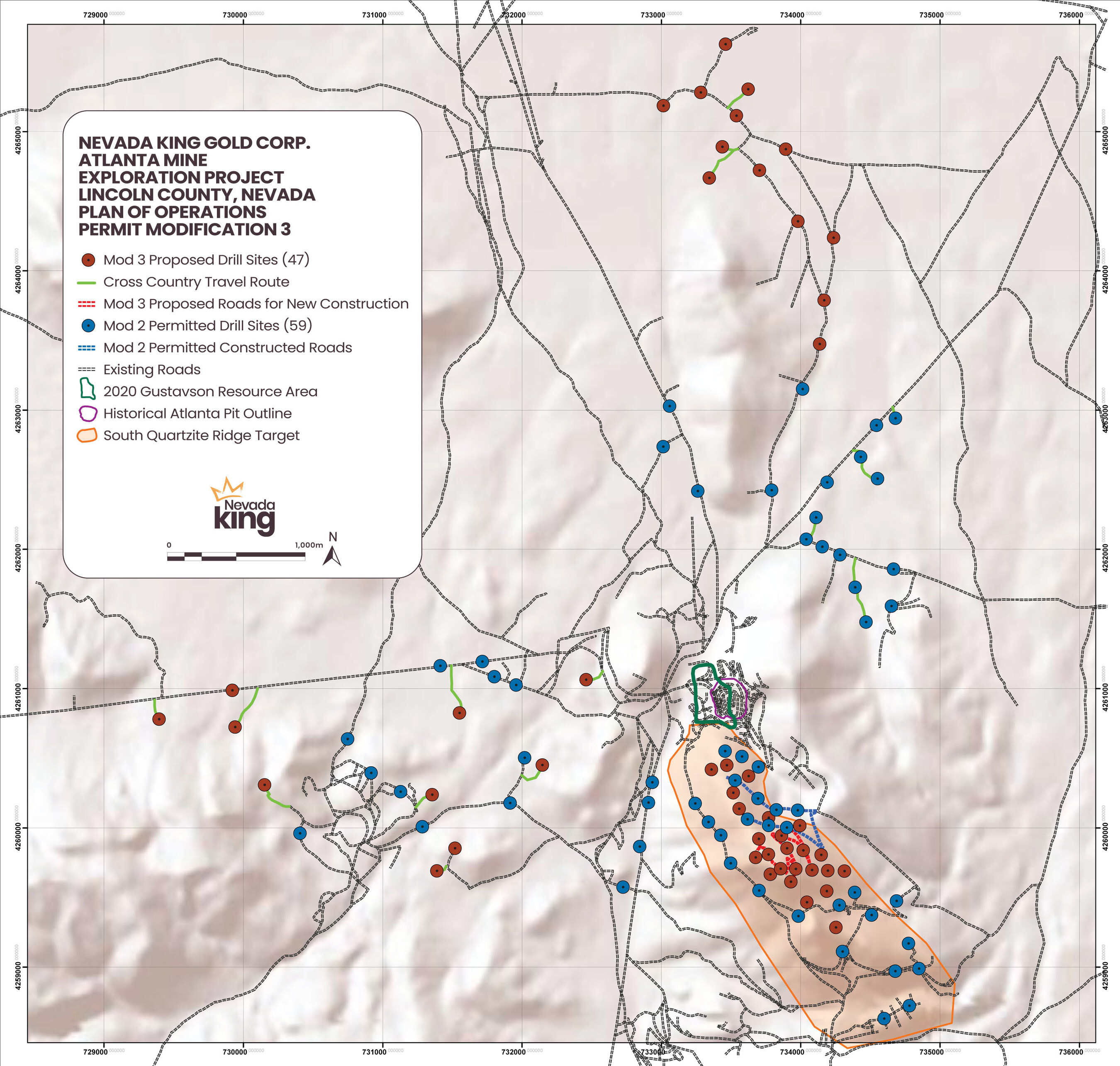 Figure 1. Red markers indicate proposed drill pad locations, while red lines show proposed road cuts included within the Plan of Operations Modification III submitted for BLM approval. (CNW Group/Nevada King Gold Corp.) Figure 1. Red markers indicate proposed drill pad locations, while red lines show proposed road cuts included within the Plan of Operations Modification III submitted for BLM approval. (CNW Group/Nevada King Gold Corp.)