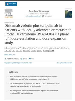 Published in Annals of Oncology: Disitamab Vedotin Combined with PD-1 Inhibitor is a Promising Treatment for Locally Advanced or Metastatic Urothelial Carcinoma