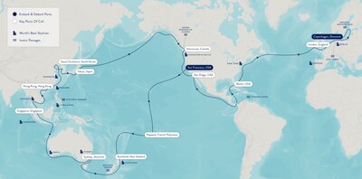 Map showing the route of Azamara's 2027 World Cruise