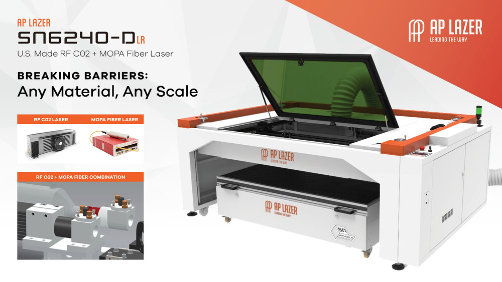 Introducing the AP Lazer® SN6240DLR: A dual-laser powerhouse featuring a 120W Iradion CERAMICORE® CO2 laser and a 60W JPT MOPA Fiber Laser, built with AP Lazer’s innovative patent-pending design.