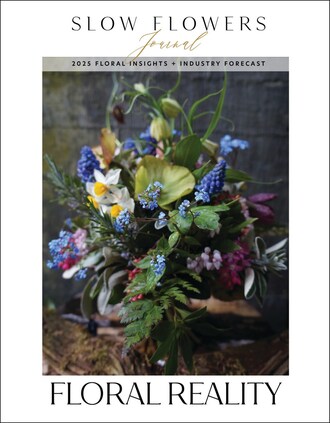 FLORAL REALITY: Slow Flowers Journal - Winter 2025 Issue featuring the Slow Flowers Floral Insights & Industry Forecast; Cover Art, Design and Photography (c) Rizaniño "Riz" Reyes, Seattle-based RHR Horticulture
