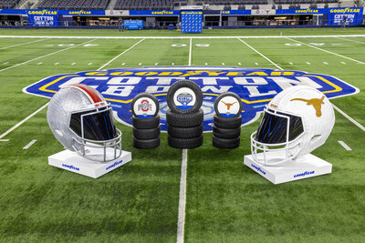 Goodyear honors the competitors of the 89th Goodyear Cotton Bowl Classic, Texas and Ohio State, with intricate, handcrafted sculptures of their team helmets made by artist Blake McFarland from more than 90 Goodyear-branded tires, including tread of the Goodyear Assurance WeatherReady®2 tire. First revealed on Wednesday, Jan. 8, 2025 in Arlington, Texas. The sculptures will be donated to the respective schools after the game on Friday, Jan. 10 at AT&T Stadium in Arlington, Texas. (Brandon Wade/AP Content Services for Goodyear)