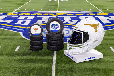 Goodyear commissioned a larger-than-life tire sculpture of Texas’s team helmet to commemorate their appearance in the 2025 College Football Playoff Semifinal at the 89th Goodyear Cotton Bowl Classic on Wednesday, Jan. 8, 2025 in Arlington, Texas. At more than 5 ½ feet tall and 200 pounds, the tire art sculpture, which features tread from the Goodyear Assurance WeatherReady® 2 tire, will appear on-site as Texas competes against Ohio State at the Goodyear Cotton Bowl Classic on Friday, Jan. 10. (Brandon Wade/AP Content Services for Goodyear)