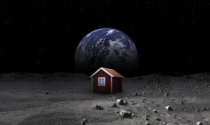 Swedish Red Cottage Flies To the Moon