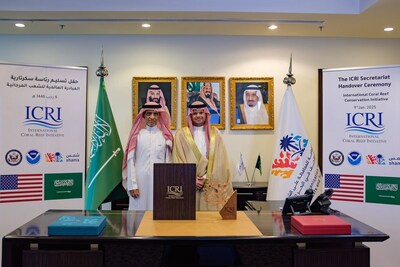 Dr. Khaled Asfahani (right), CEO of the General Organization for the Conservation of Coral Reefs and Turtles in the Red Sea (SHAMS), and Dr. Abdulaziz Al-Suwailem (left), Chief Conservation & Strategy Officer, during the virtual handover ceremony marking Saudi Arabia’s assumption of the International Coral Reef Initiative (ICRI) Secretariat for its 14th term. This historic milestone highlights the Kingdom’s leadership in global coral reef conservation efforts.