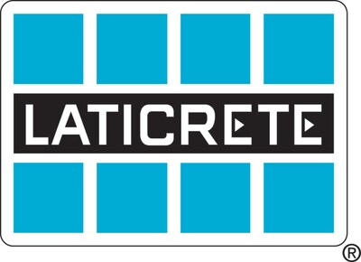 The LATICRETE logo displayed as white text on a horizontal black bar. Four light blue squares sit evenly spaced atop the black bar as well as beneath.