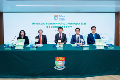 HKU Business School yesterday unveiled the “Hong Kong Economic Policy Green Paper 2025”. From left: Professor Mingzhu TAI, Associate Professor in Finance of HKU Business School, Professor Alberto MOEL, Professor of Practice in Finance of HKU Business School, Professor Hongbin CAI, Dean and Chair of Economics of HKU Business School, Professor Heiwai TANG, Associate Dean (External Relations) & Victor and William Fung Professor in Economics of HKU Business School and Associate Director of Hong Kong Institute of Economics and Business Strategy, and Professor Yang LIU, Associate Professor in Finance of HKU Business School.