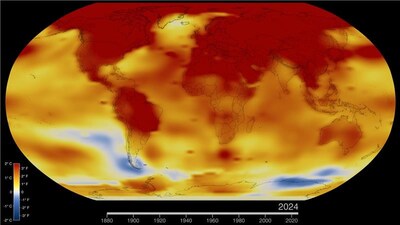 This map of Earth in 2024 shows global surface temperature anomalies, or how much warmer or cooler each region of the planet was compared to the average from 1951 to 1980. Normal temperatures are shown in white, higher-than-normal temperatures in red and orange, and lower-than-normal temperatures in blue. An animated version of this map shows global temperature anomalies changing over time, dating back to 1880. Download this visualization from NASA Goddard's Scientific Visualization Studio: https://svs.gsfc.nasa.gov/5450. Credit: NASA's Scientific Visualization Studio