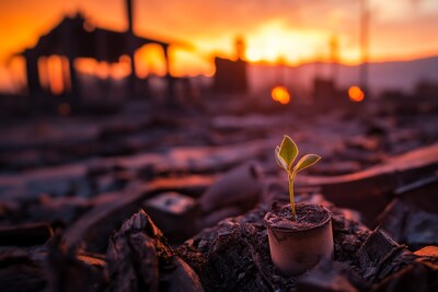 A sprout coming out of the rubble of the palisades fire