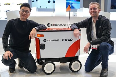 RoboSense CEO Mark Qiu (left) and Coco Robotics Co-founder & CEO Zach Rash (right) at CES 2025