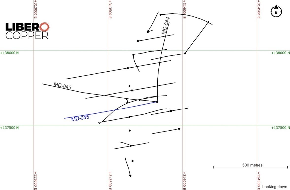 Figure 1. Plan view of the MD-045 hole and the location of the historical drilling at the Mocoa project. (CNW Group/Libero Copper & Gold Corporation) Figure 1. Plan view of the MD-045 hole and the location of the historical drilling at the Mocoa project. (CNW Group/Libero Copper & Gold Corporation)