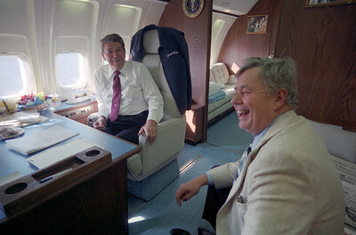 11-1-1984 President Reagan during a trip via Air Force One to Rochester, New York and talking to Stu Spencer