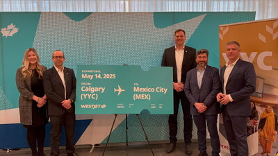 From left to right: Alisha Reynolds, Tourism Calgary President and Chief Executive Officer; Daniel Fajardo, WestJet Vice President Network and Schedule Planning; Minister Joseph Show, Government of Alberta Minister of Tourism and Sport; Mario Morales, Consul General of Mexico in Calgary; Chris Dinsdale, YYC Calgary Airport Authority Chief Executive Officer (CNW Group/WESTJET, an Alberta Partnership)