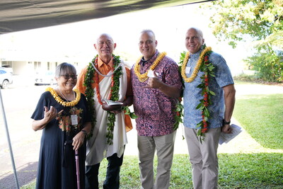 L-R: Amy Miwa, Office of the Governor, East Hawai‘i Representative; Kahu Kamuela Chun; Hawai‘i Island Mayor Kimo Alameda; Scott Sivik, ‘Ohana Health Plan Plan President and CEO.