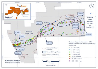 Figure 4 – Location of winter 2025 target areas along the Larocque Trend east of the Hurricane deposit. (CNW Group/IsoEnergy Ltd.)