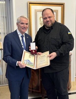 Senator Rob Portman, the former co-chair of the U.S. Senate Ukraine Caucus, receiving the Ukrainian Parliament’s Certificate of Merit from the Chairman of the Verkhovna Rada, Ruslan Stefanchuk, on the With Honor bipartisan delegation to Kyiv in 2024.