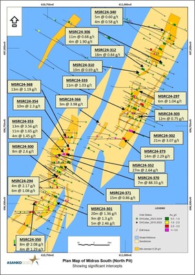 Figure 1: Plan map of Midras South showing mineralized intercepts on geology and mineralized domains (CNW Group/Galiano Gold Inc.)