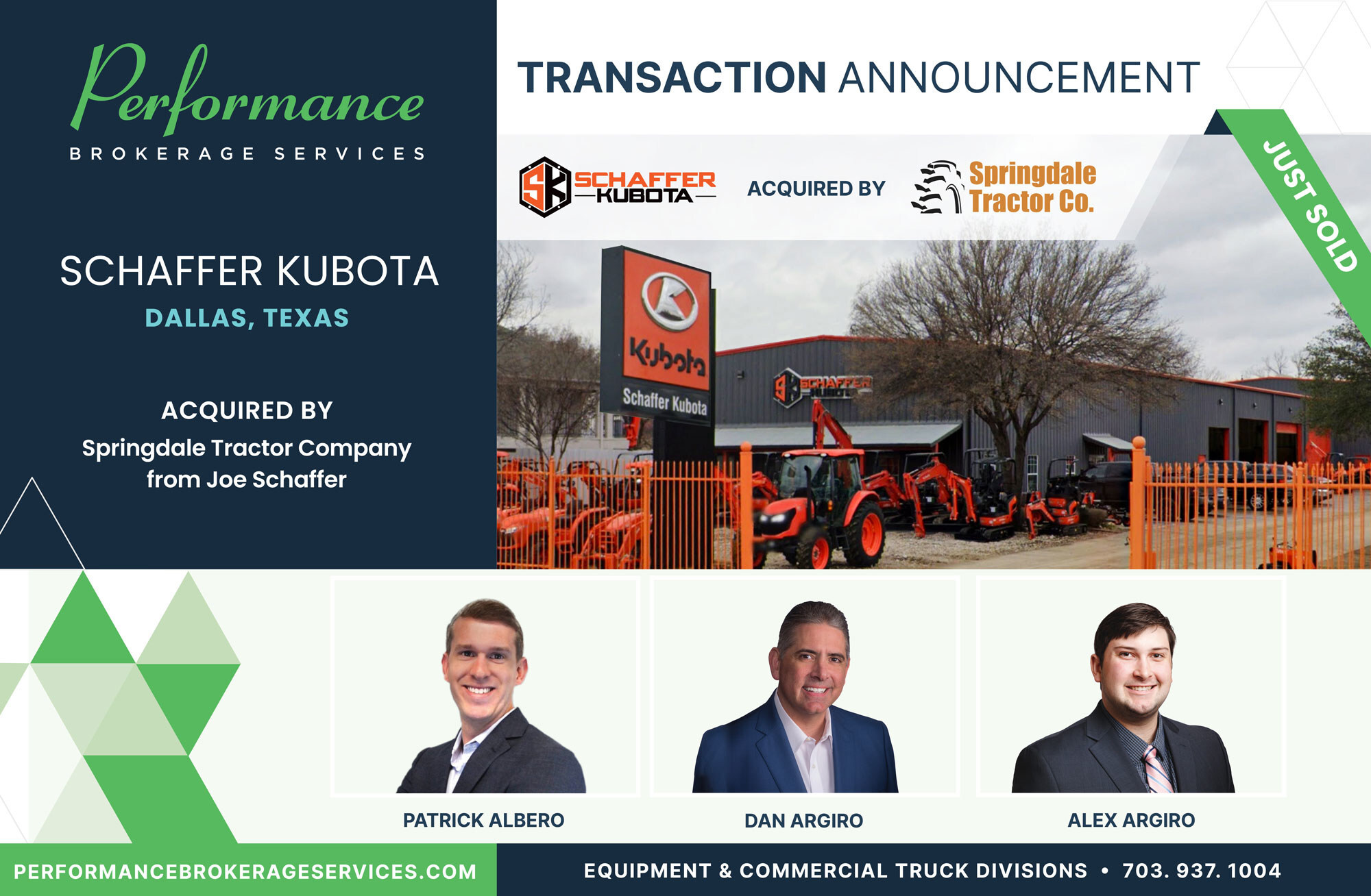 Performance Brokerage Services Advises on the Sale of Schaffer Kubota in Dallas, Texas to Springdale Tractor Company