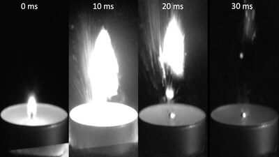 Here a laser pulse extinguishes a tiny flame by detonating the atmosphere to disrupt oxygen flow. A larger fire would be extinguished by means of an AI carefully configuring billions of light pulses to manipulate fire dynamics at the speed of light.