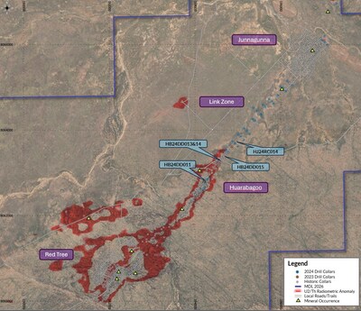 Figure 1 Plan view of Drill Collars between Huarabagoo and Junnagunna, locations of highlight holes shown. (CNW Group/Laramide Resources Ltd.)