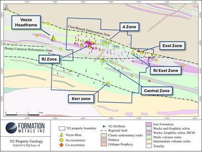 Figure 2: Geology and gold zones of the N2 claims; Geology after SIGEOM, 2024