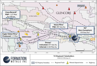 Figure 1: Regional claim ownership along the Casa-Berardi trend; 1: Maudore Minerals Ltd. MRE, 2012; 2. Hecla Mining Company Technical Report, 2024; 3. Maple Gold Mine NI-43-101, 2022; 4. Non-compliant with NI-43-101 Cyprus MRE, 1994